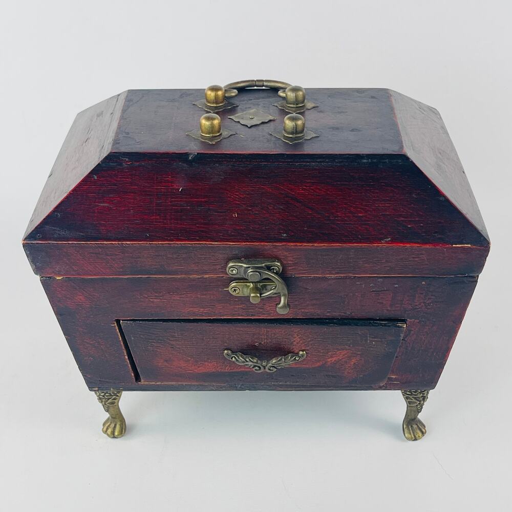 Wood Jewelry Trinket Box Reddish Brown Metal Footed with Drawer